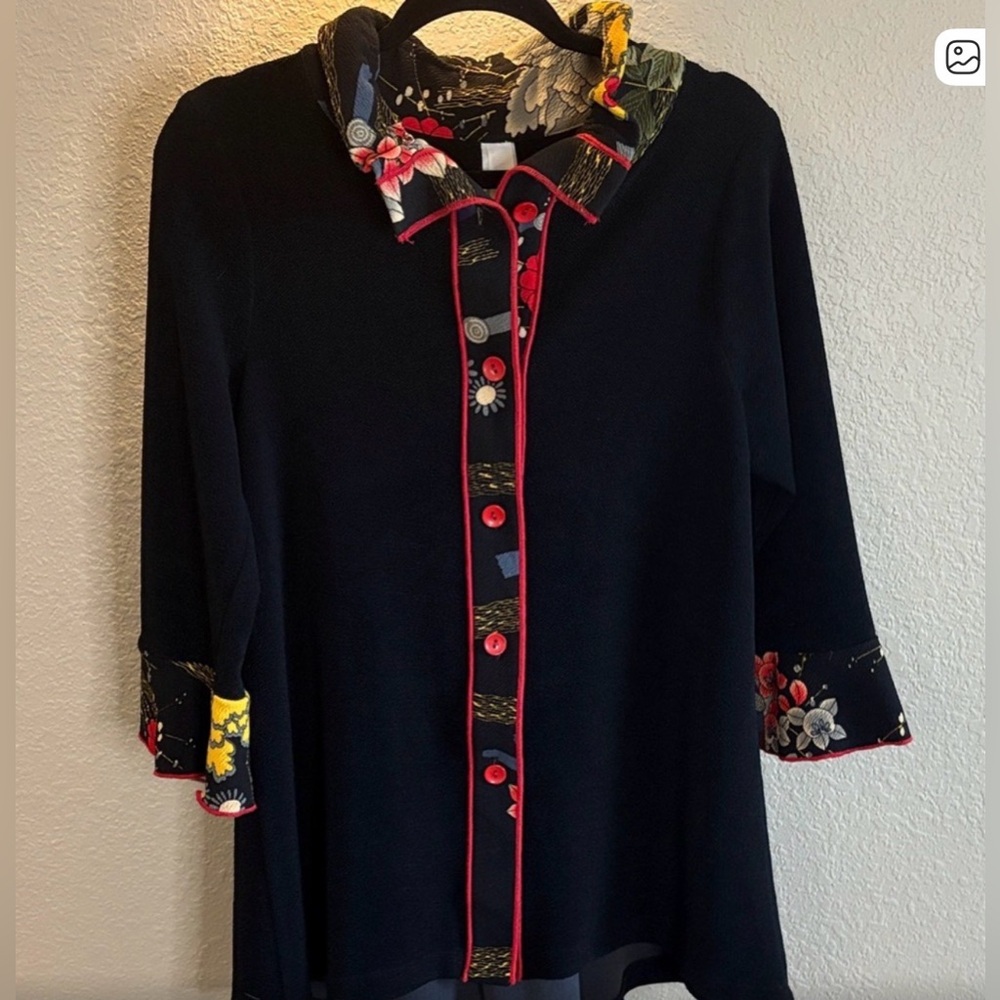 Floral Trim Black Women's Top